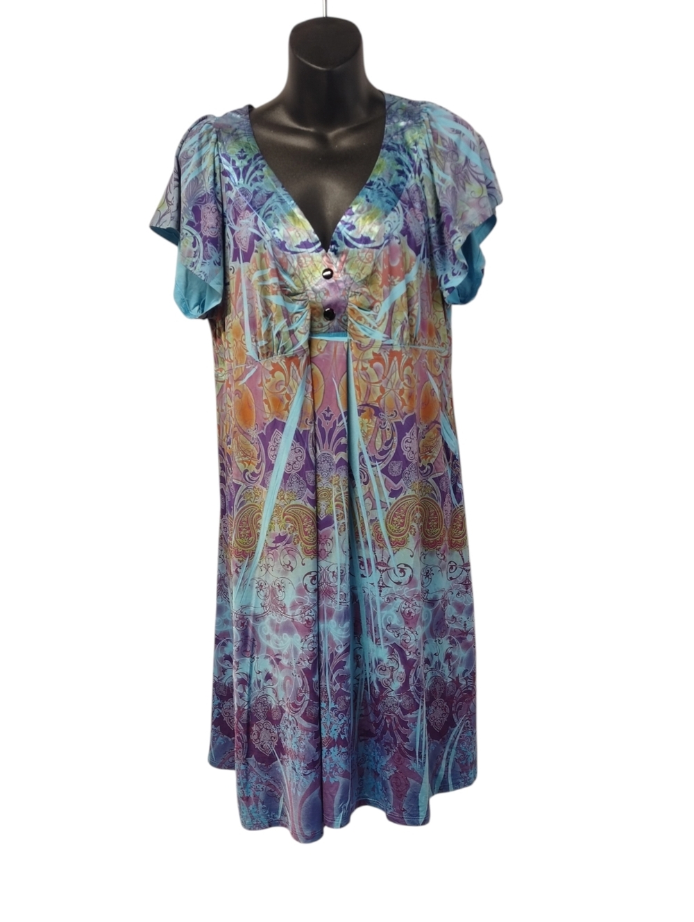 Unity World Wear XL Multicolor Paisley Boho Midi Dress Flutter Sleeves V-Neck